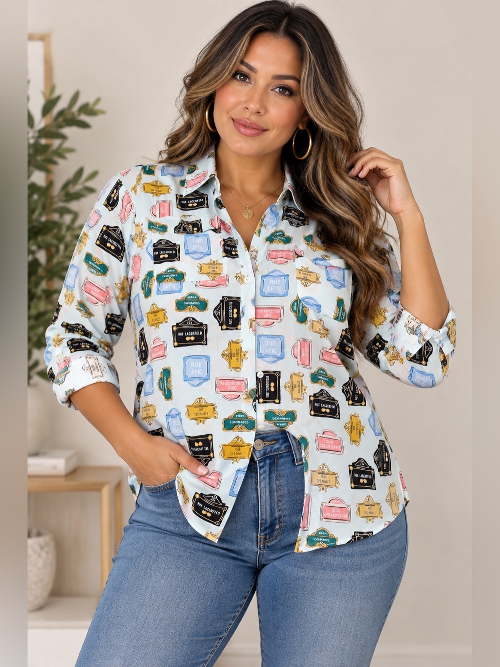 Karl Lagerfeld White Button-Down Shirt with Multicolor Label Print